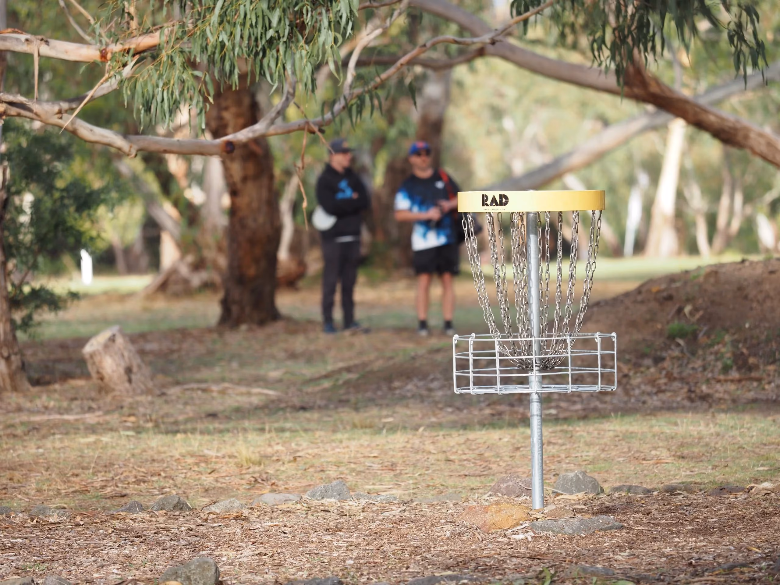 Disc golf basket on a wooded course with players waiting in the background, reflecting the specialist community and active customer base behind Flying Disc Store’s seasonal sales growth.