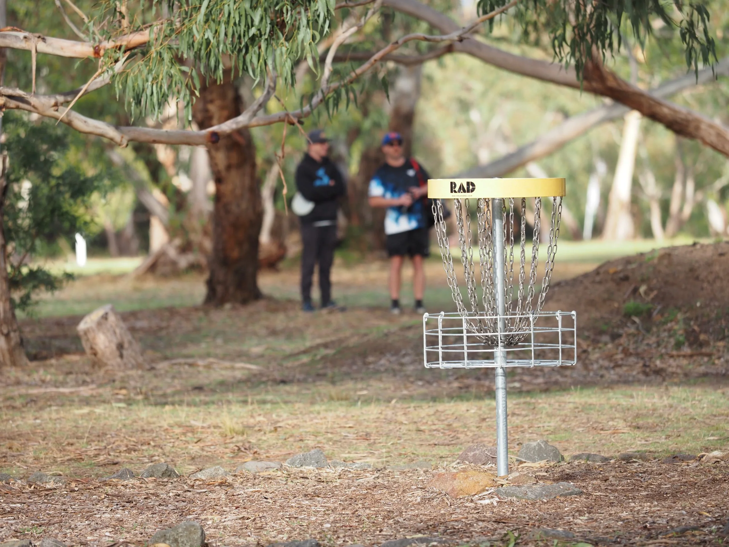 Disc golf basket on a wooded course with players waiting in the background, reflecting the specialist community and active customer base behind Flying Disc Store’s seasonal sales growth.
