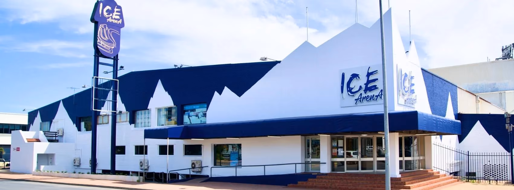 Refreshed exterior of Ice Arena Adelaide with updated branding and prominent roadside signage, signalling that the redeveloped venue was open, active and ready to welcome the community.