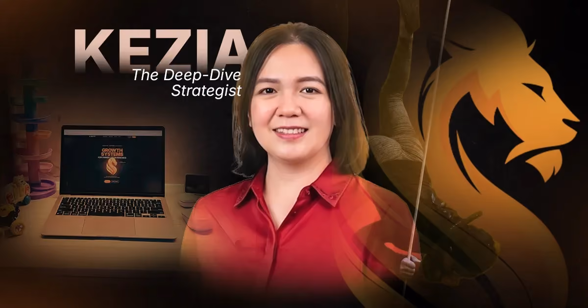 Kezia, Wandering Lion’s Deep-Dive Strategist, pictured with her workspace and an underwater freediving scene.