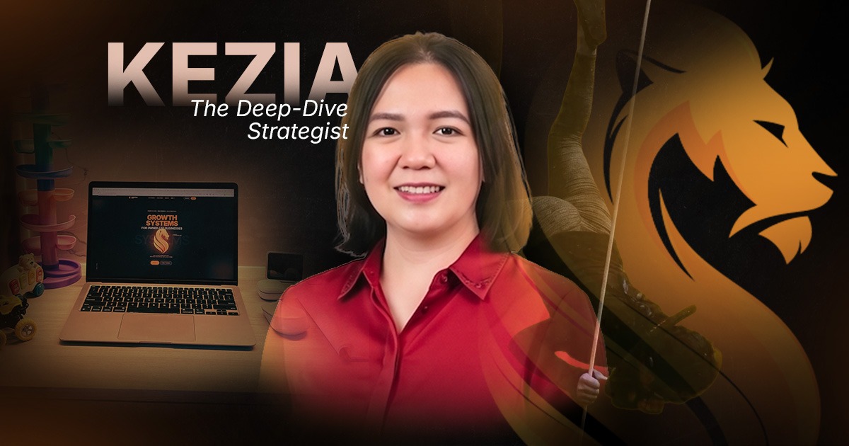 Kezia, Wandering Lion’s Deep-Dive Strategist, pictured with her workspace and an underwater freediving scene.