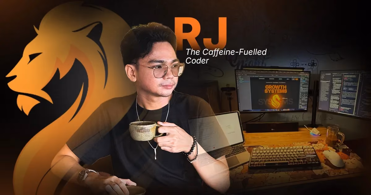 RJ, Wandering Lion’s Caffeine-Fuelled Coder, holding coffee beside his AI automation and development screens.