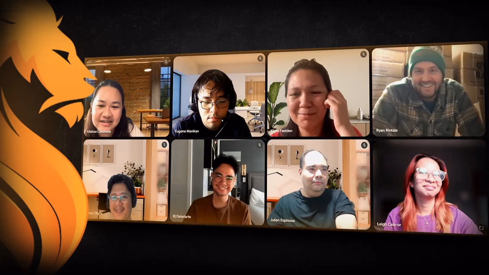 Wandering Lion’s remote team meeting online across different locations, framed by the company’s lion branding.