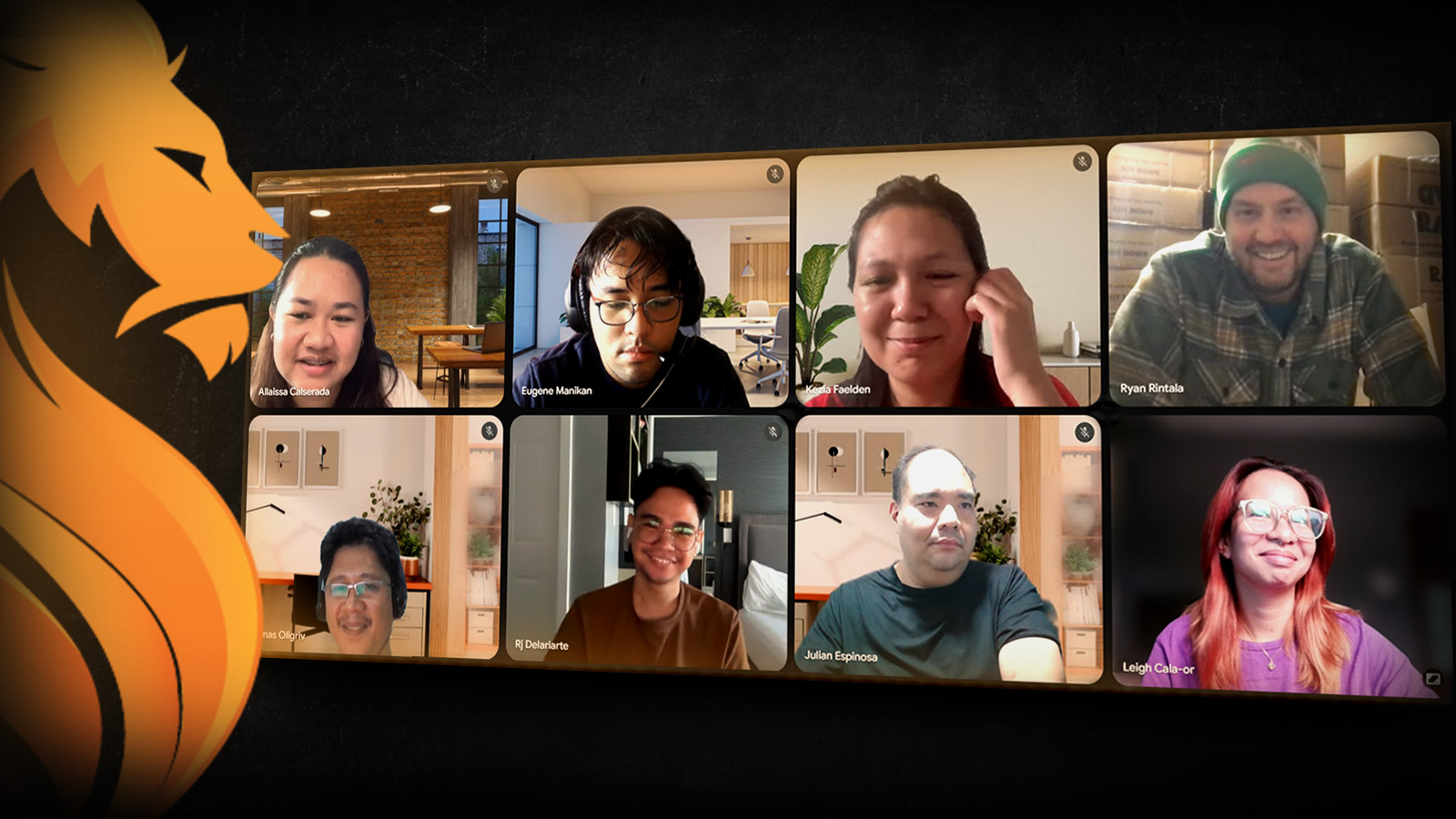 Wandering Lion’s remote team meeting online across different locations, framed by the company’s lion branding.