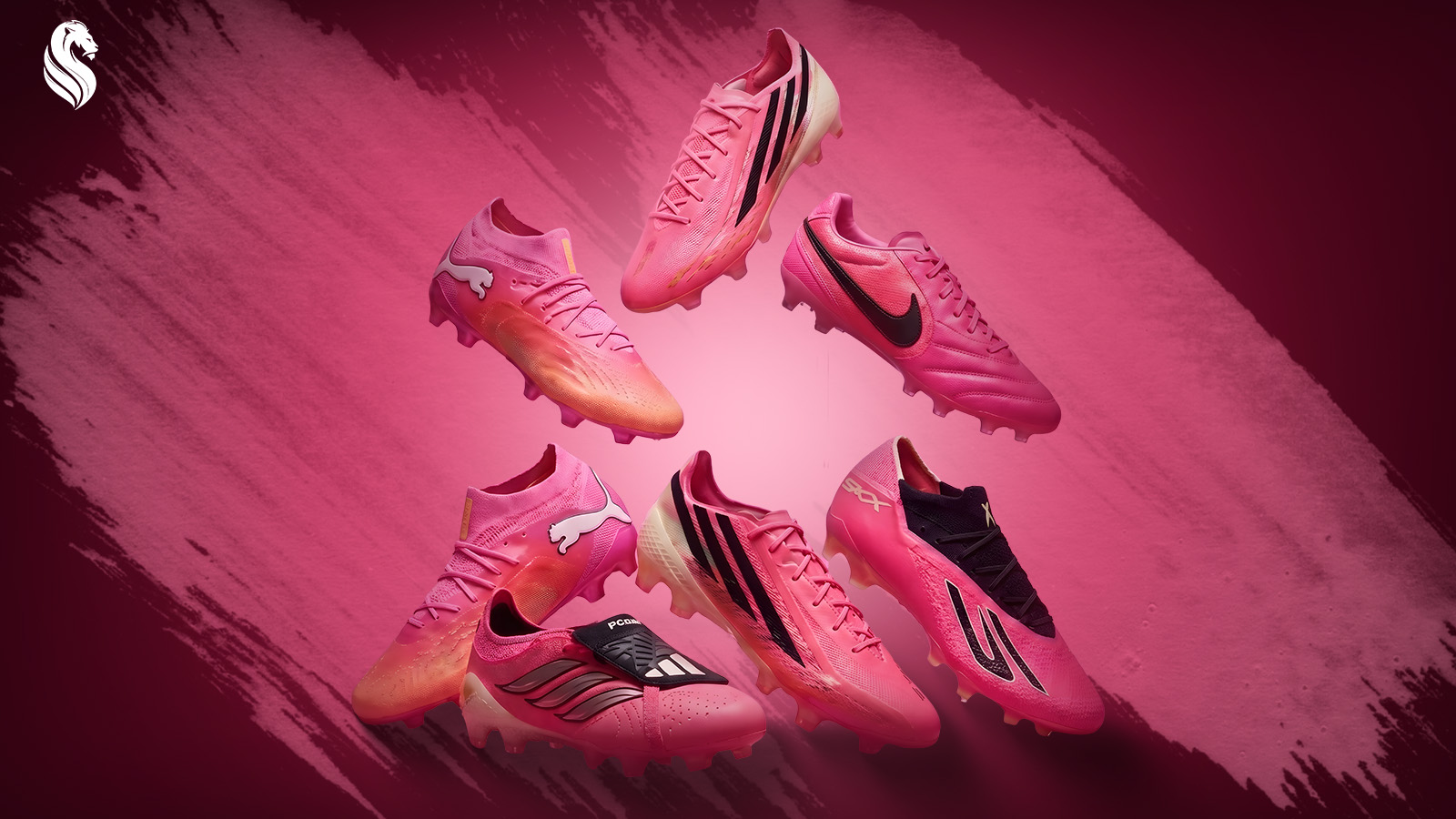 Six bright pink football boots from Nike, Adidas, Puma, New Balance and Skechers arranged on a pink background, all looking near identical.
