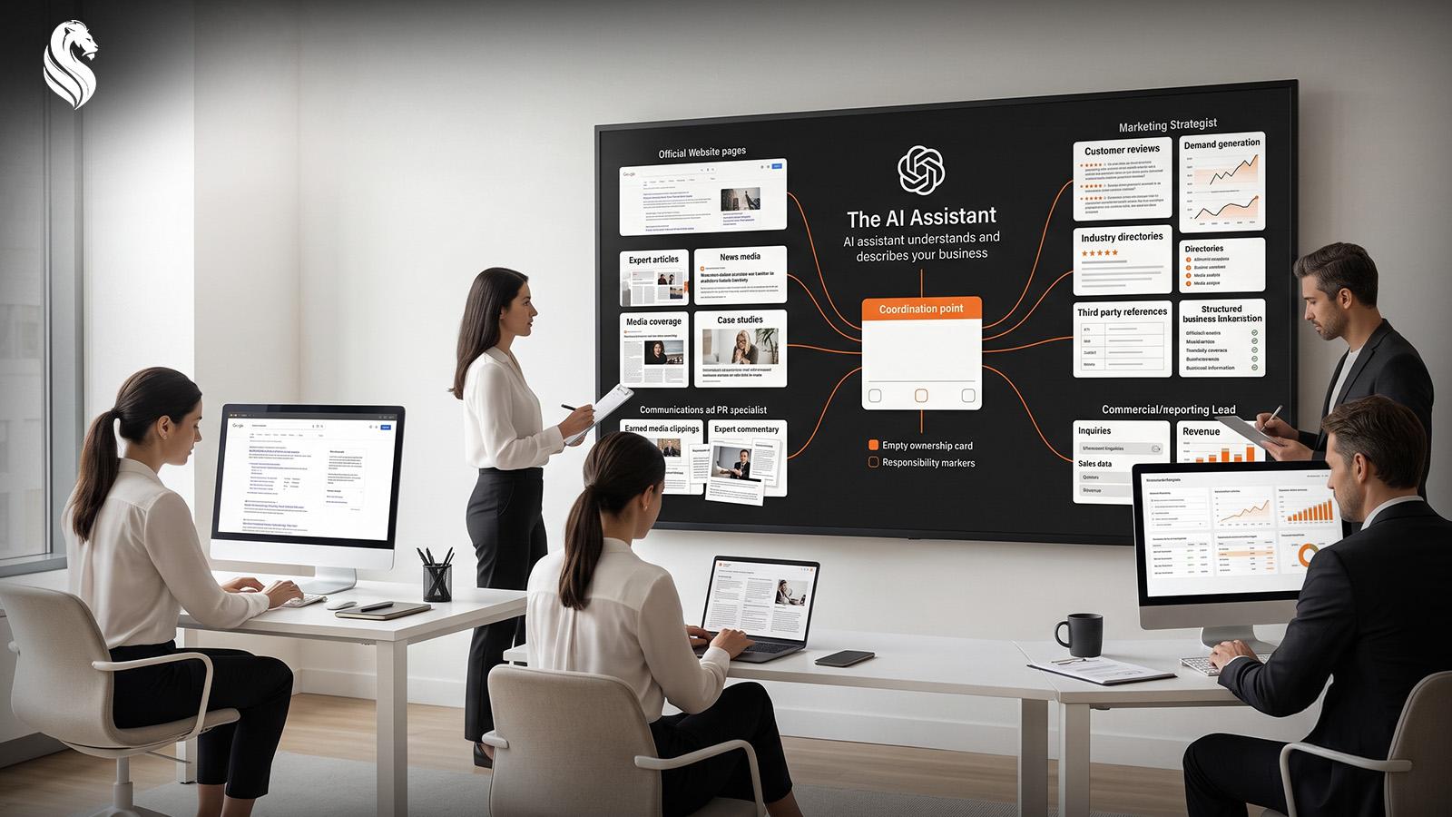 Marketing, PR and reporting team mapping how an AI assistant understands their business from website pages, media coverage, reviews and case studies, with an empty ownership card at the centre.
