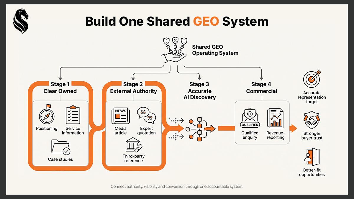 Diagram: build one shared GEO system connecting owned content, external authority, accurate AI discovery and commercial results.