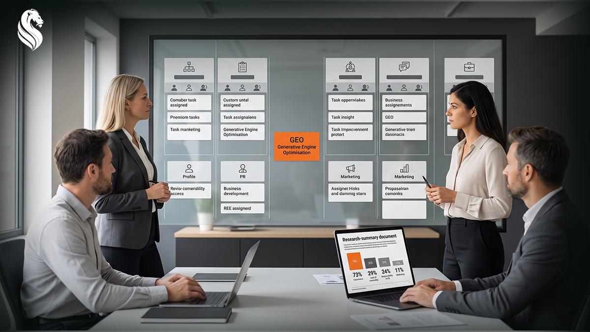 Team reviewing a GEO responsibility board split across PR, marketing and business development, with research showing 73% rate GEO important but 29% have no owner.