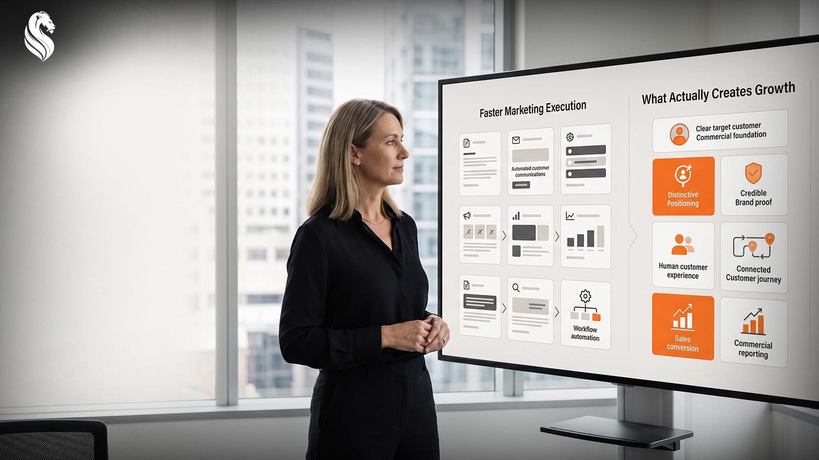 Business leader looking at a screen comparing faster marketing execution with what actually creates growth: distinctive positioning, credible proof, human experience and a connected customer journey.