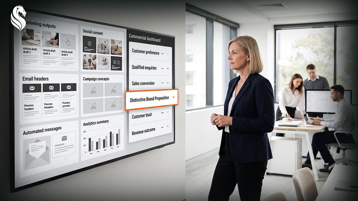 Business owner reviewing a screen of AI-generated marketing outputs beside a commercial dashboard highlighting a distinctive brand proposition.