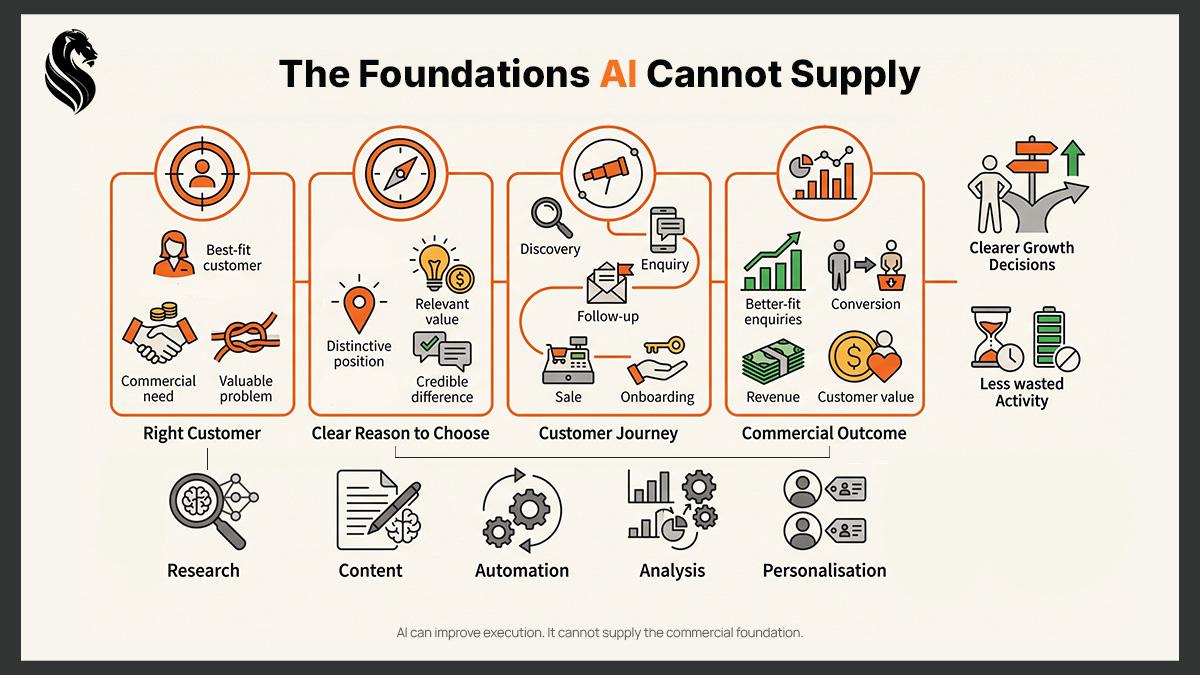 Diagram: the foundations AI cannot supply, right customer, clear reason to choose, customer journey and commercial outcome, supported by AI research, content, automation, analysis and personalisation.