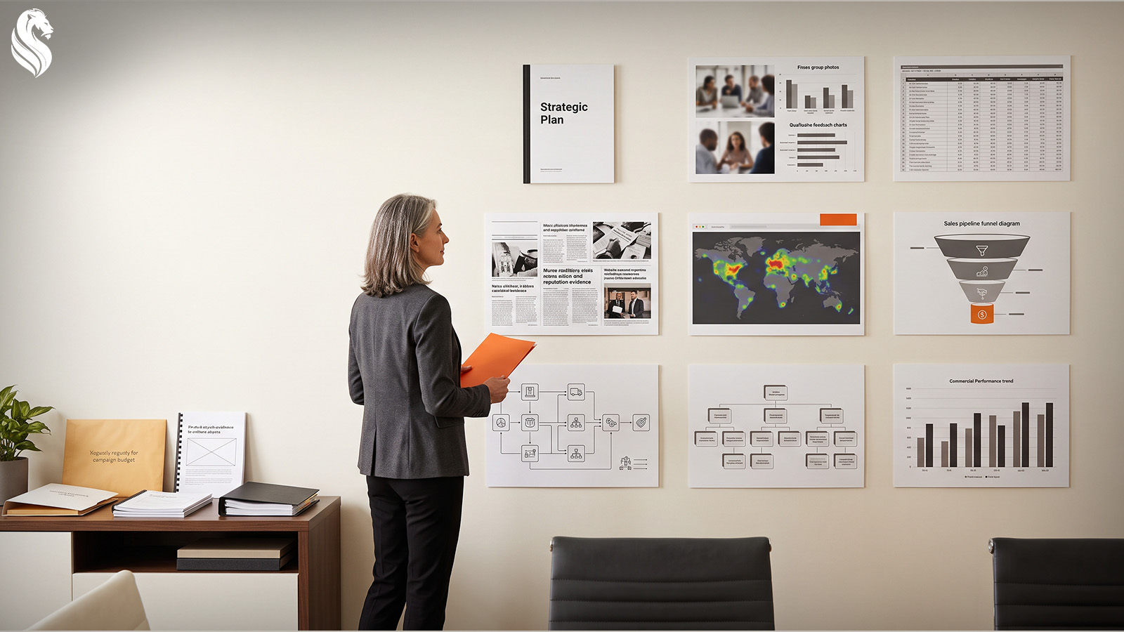 Business owner reviewing strategy, sales, customer journey and performance data as part of a business growth framework.
