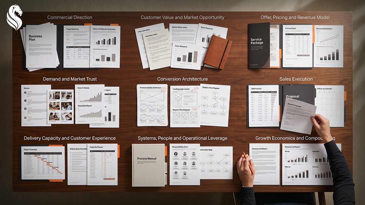 Nine business growth building blocks represented by strategy, customer research, pricing, sales, delivery, systems and reporting documents.