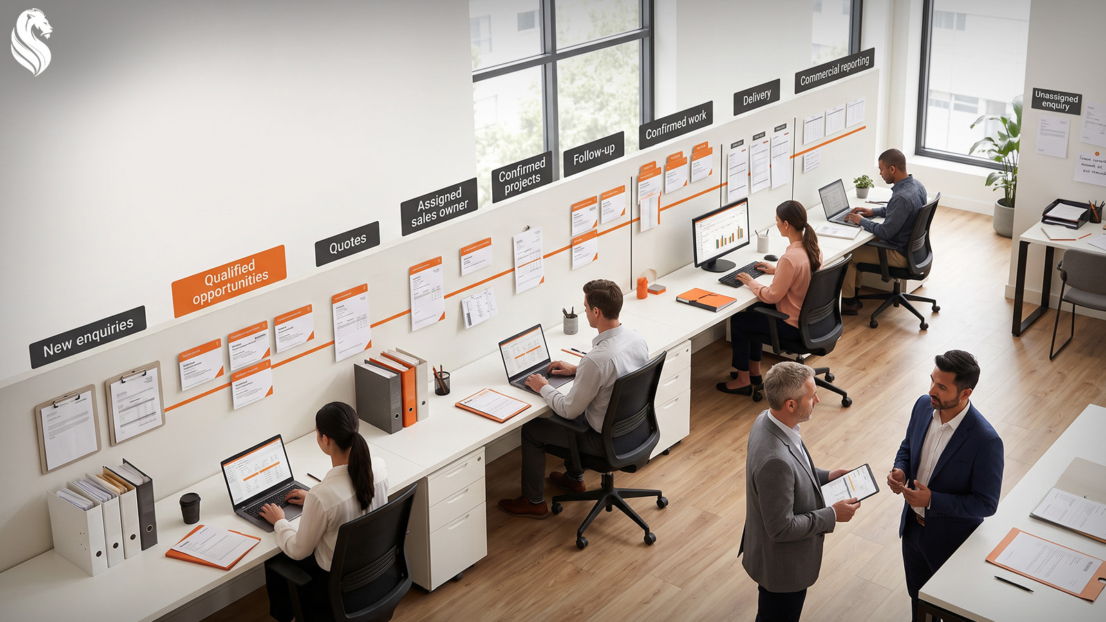 Owner-led business team managing enquiries, sales follow-up, confirmed work, delivery and reporting through a structured commercial system designed to scale without chaos.