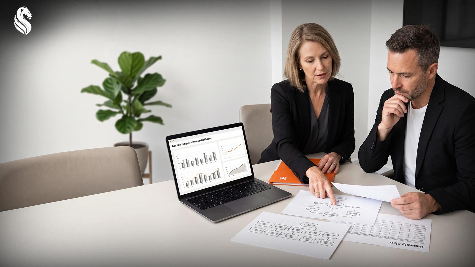 Two business owners reviewing a commercial performance dashboard, process flow and capacity plan while planning how to scale their service business.