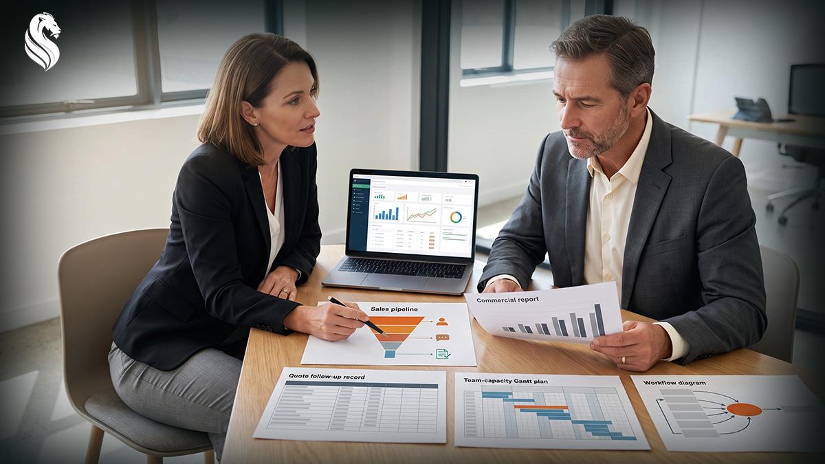 Two business owners reviewing a sales pipeline, quote follow-up record, team-capacity plan and commercial report before scaling.