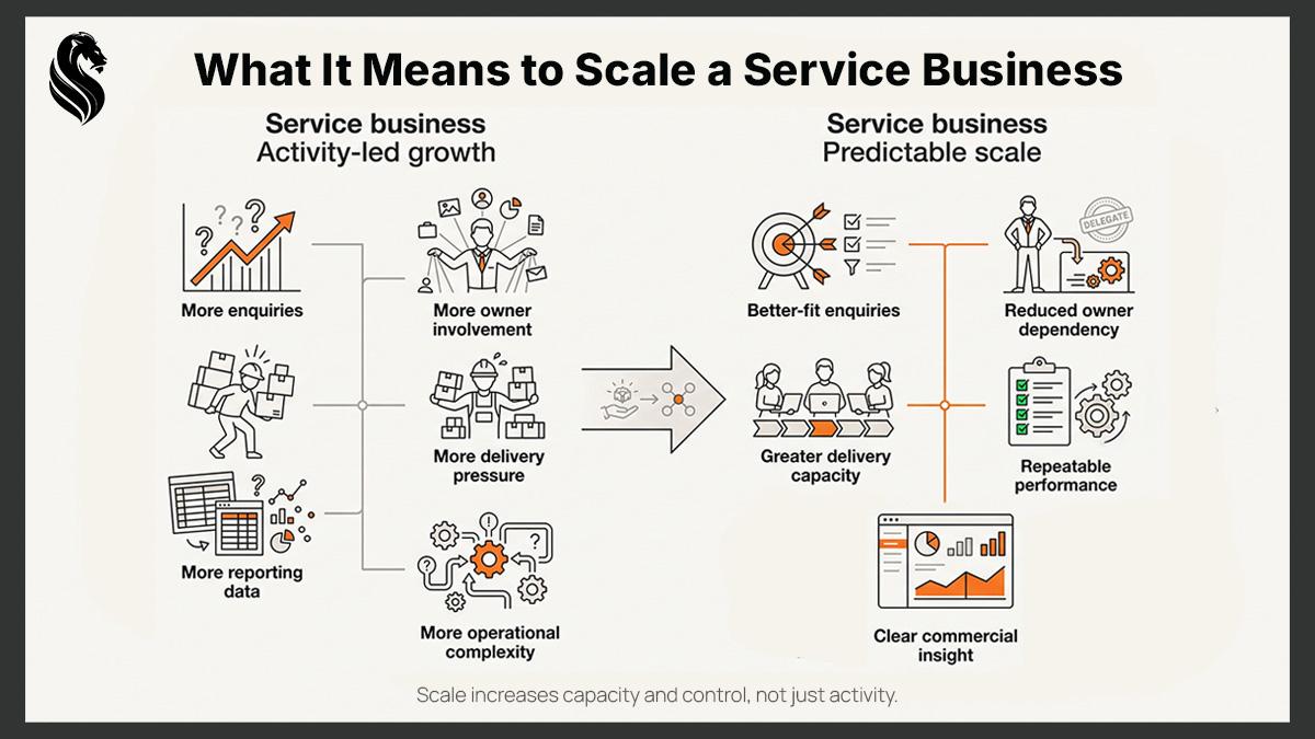 Diagram: what it means to scale a service business, comparing activity-led growth (more enquiries, owner involvement, delivery pressure and complexity) with predictable scale (better-fit enquiries, reduced owner dependency, greater capacity and clear commercial insight).