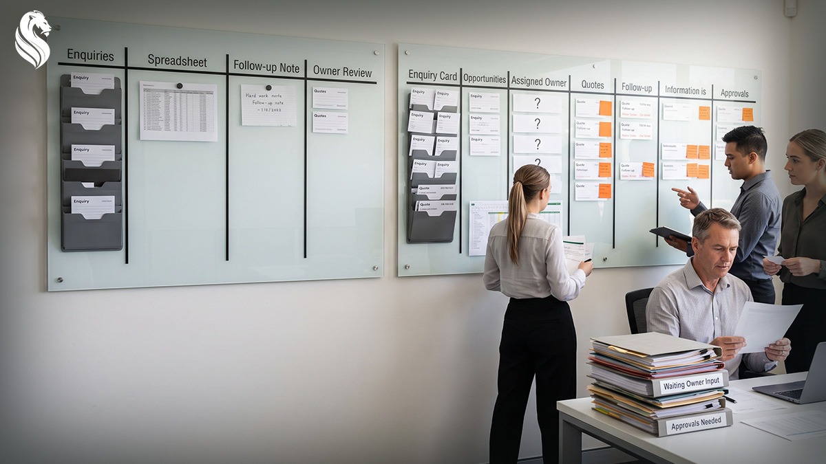 Team reviewing enquiries, quotes and follow-up across disconnected spreadsheets and processes, showing how growth can expose weak business systems and owner dependency.