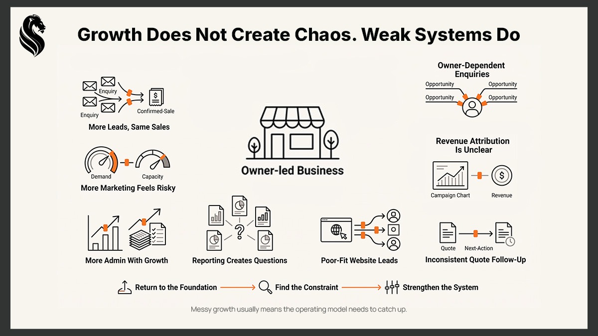 Diagram showing warning signs of messy growth in an owner-led business, including weak sales conversion, unclear reporting, poor-fit leads, inconsistent follow-up and rising admin.
