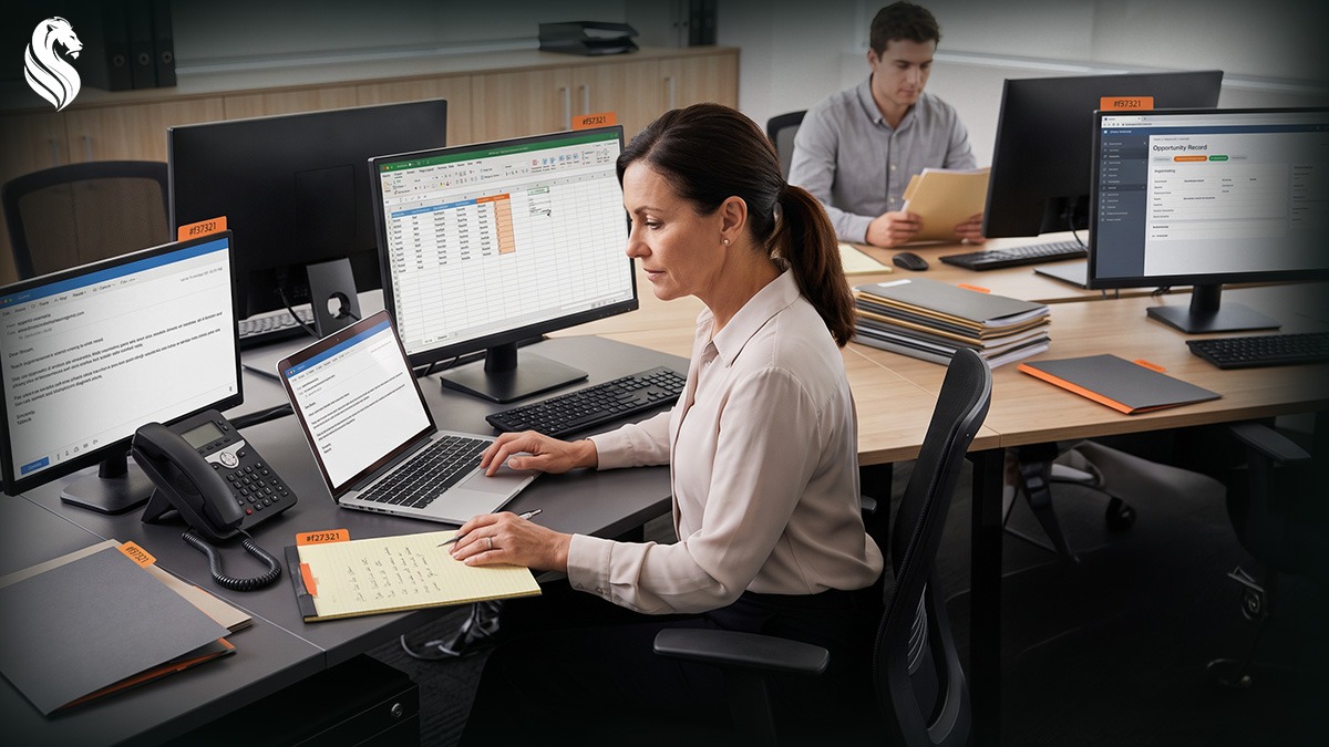 eam managing customer information across email, spreadsheets, notes and CRM systems, illustrating how a disconnected customer journey creates more manual work