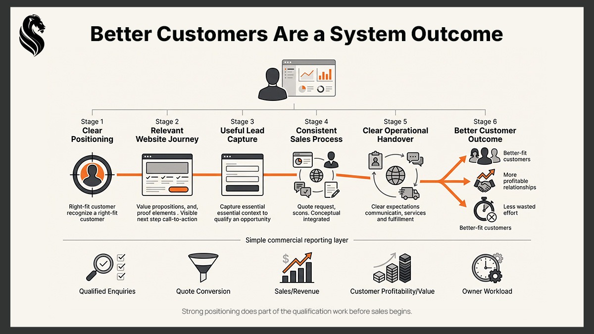 Customer journey diagram showing how clear positioning, relevant website journeys, lead capture, consistent sales and operational handover lead to better-fit customers.