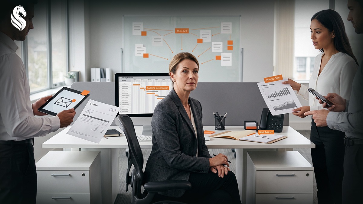Business owner surrounded by quotes, reporting, delivery schedules and team requests, illustrating how owner dependency can make one person the system holding the business together.