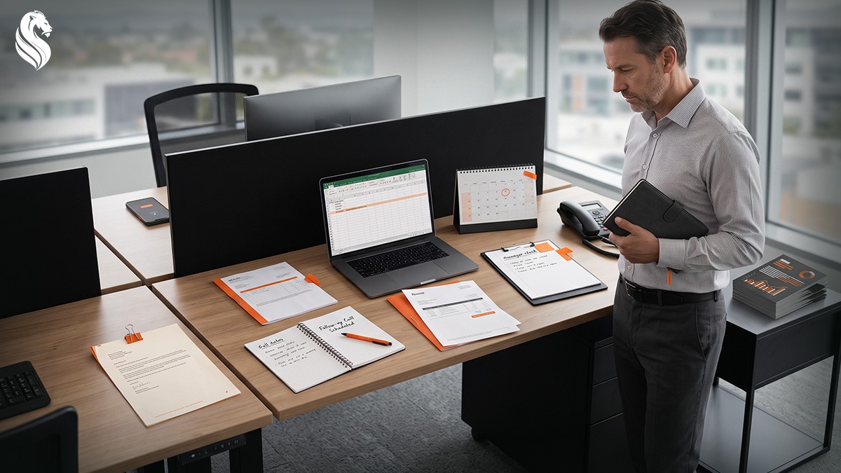 Business owner managing quotes, spreadsheets, calendars and handwritten follow-up notes, illustrating the hidden administrative cost of manual sales follow-up.