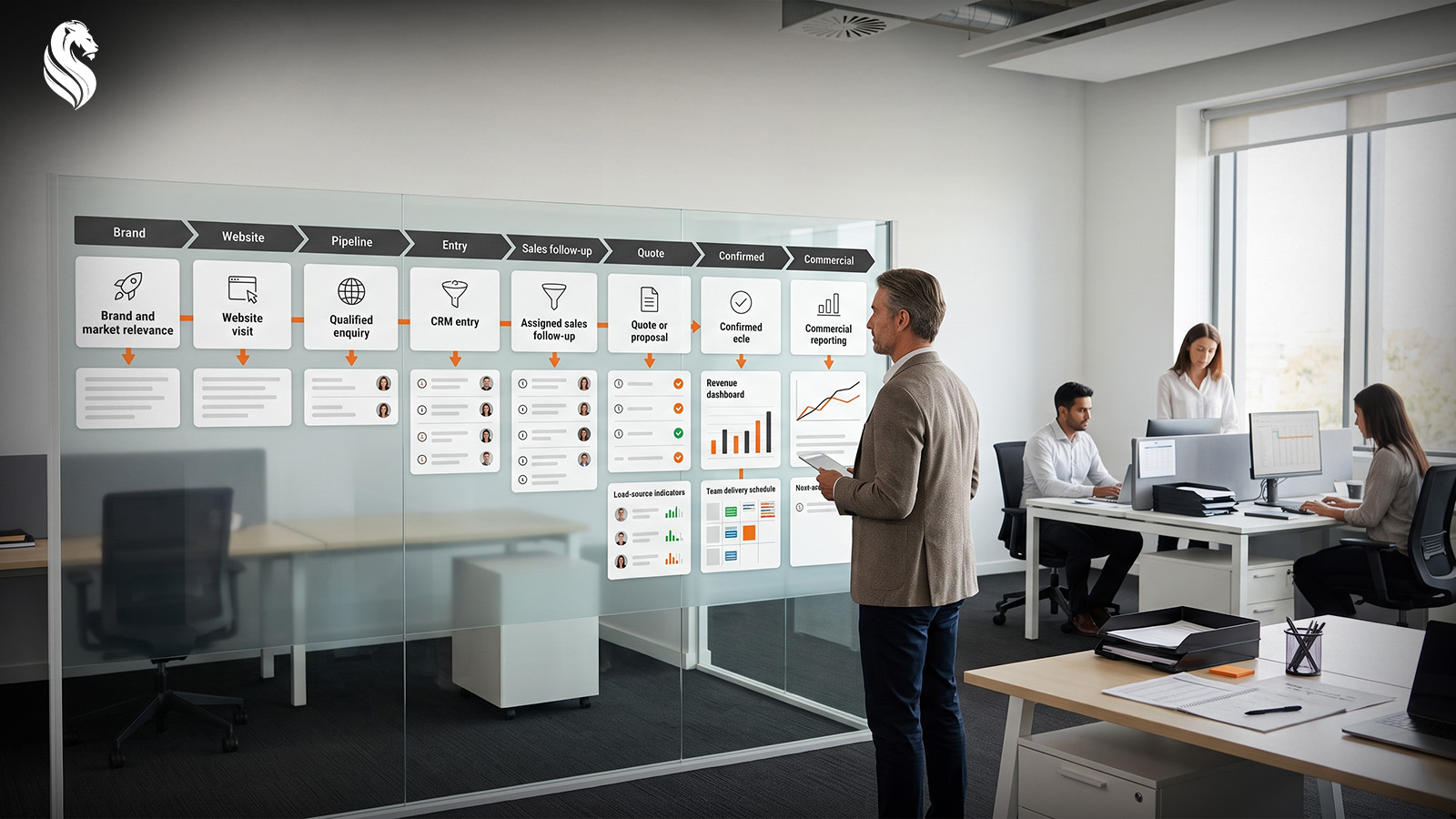 Business owner reviewing a connected growth system that links brand, website, CRM, sales follow-up, quotes, confirmed work and commercial reporting.