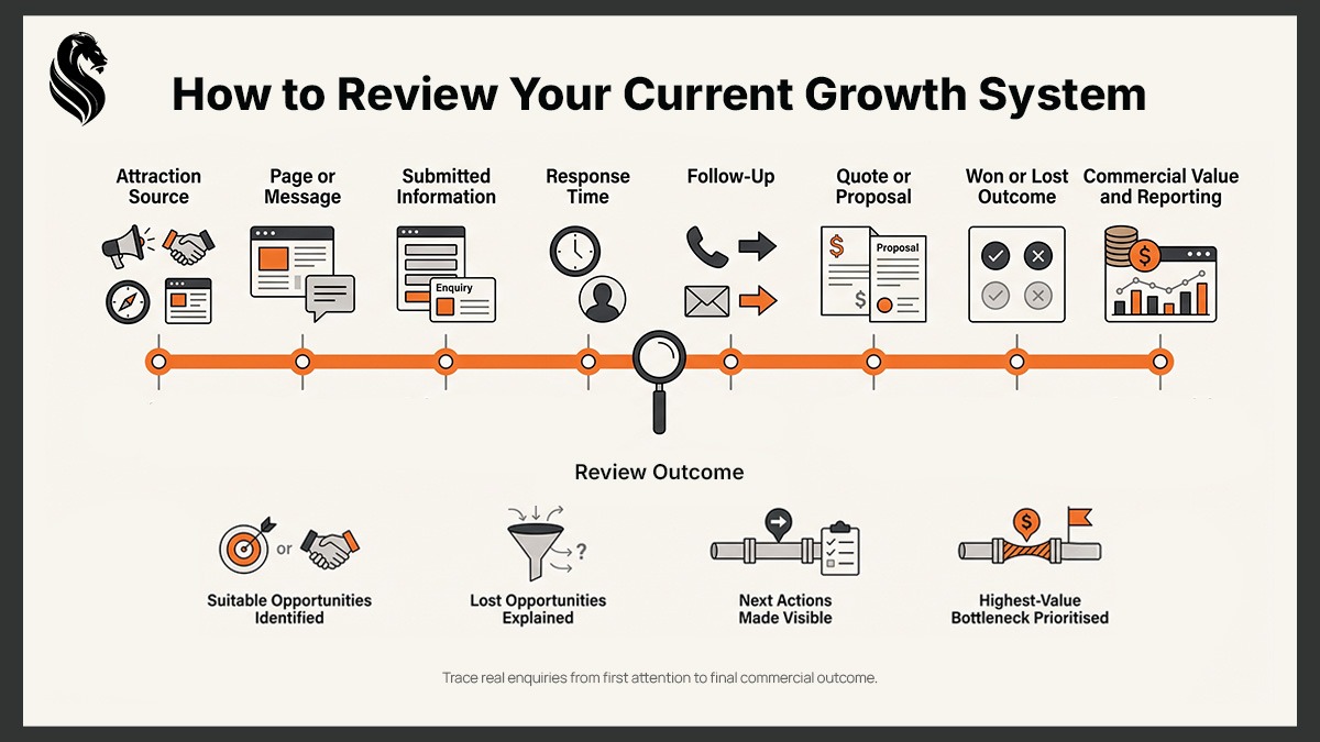 Diagram showing how to review a growth system by tracing enquiries from attraction source and website interaction through follow-up, proposal, outcome and commercial value.