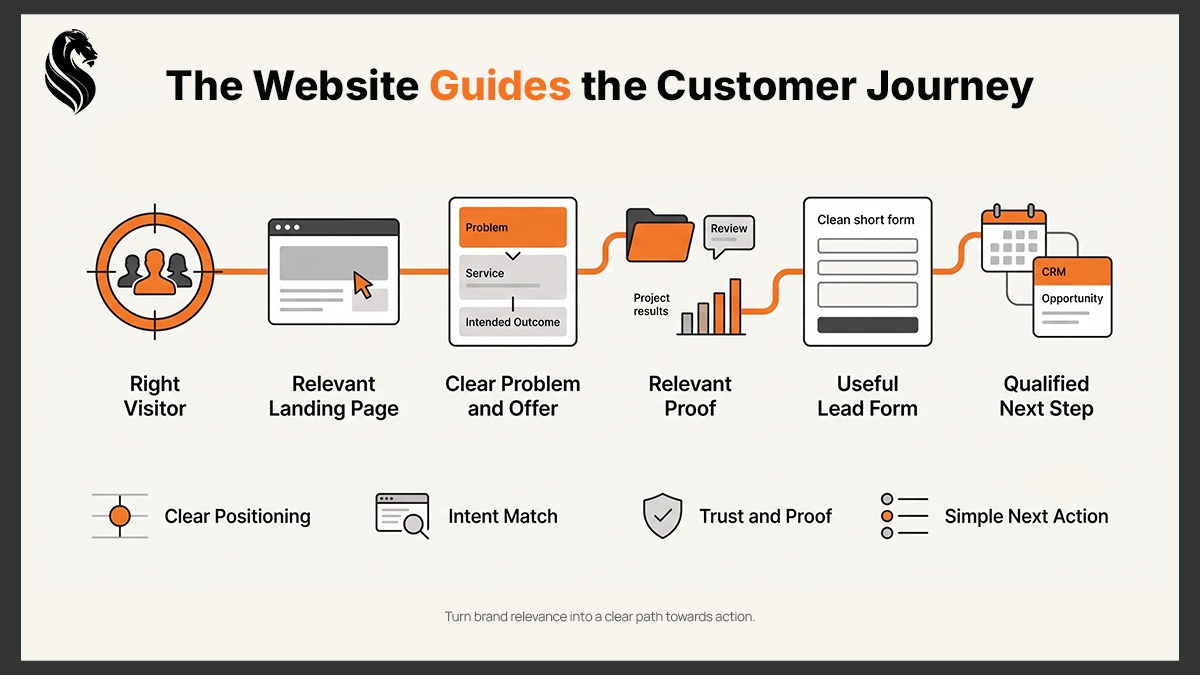 Diagram showing how a website guides the customer journey from the right visitor and relevant landing page through clear offers, proof, lead capture and a qualified next step.