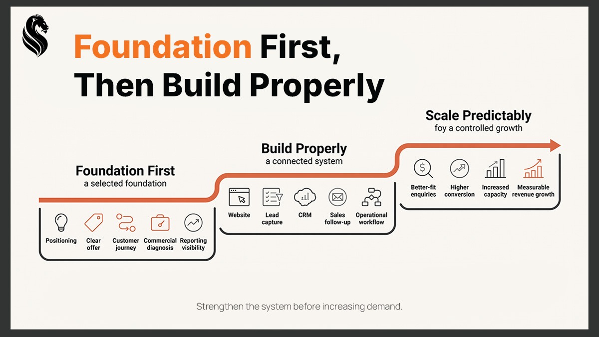 Diagram showing the sequence Foundation First, Build Properly and Scale Predictably, connecting positioning, customer journey, CRM, sales follow-up, operations and reporting before increasing demand.