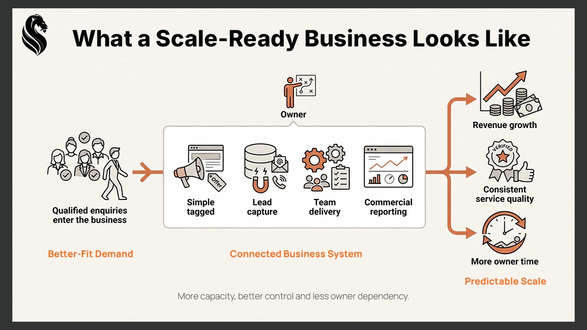 Diagram showing a scale-ready business with qualified enquiries, simple lead capture, team delivery and commercial reporting leading to revenue growth, consistent service quality and more owner time.