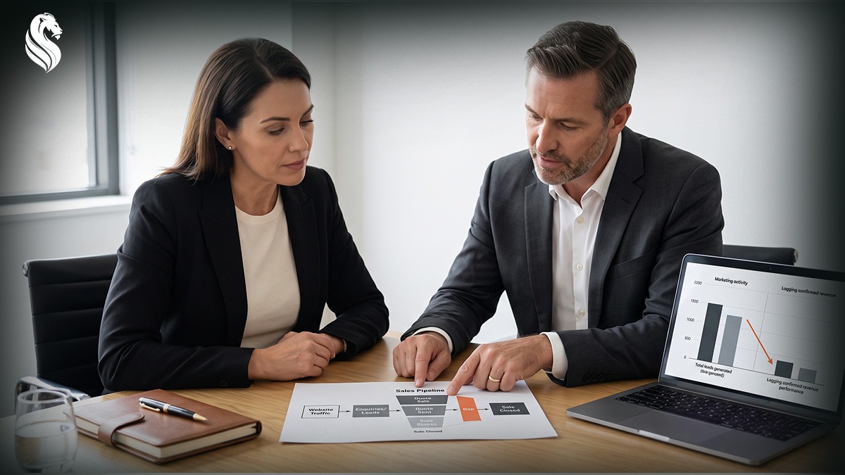 Business leaders comparing marketing activity with sales pipeline and confirmed revenue to identify weak growth foundations before increasing marketing spend.
