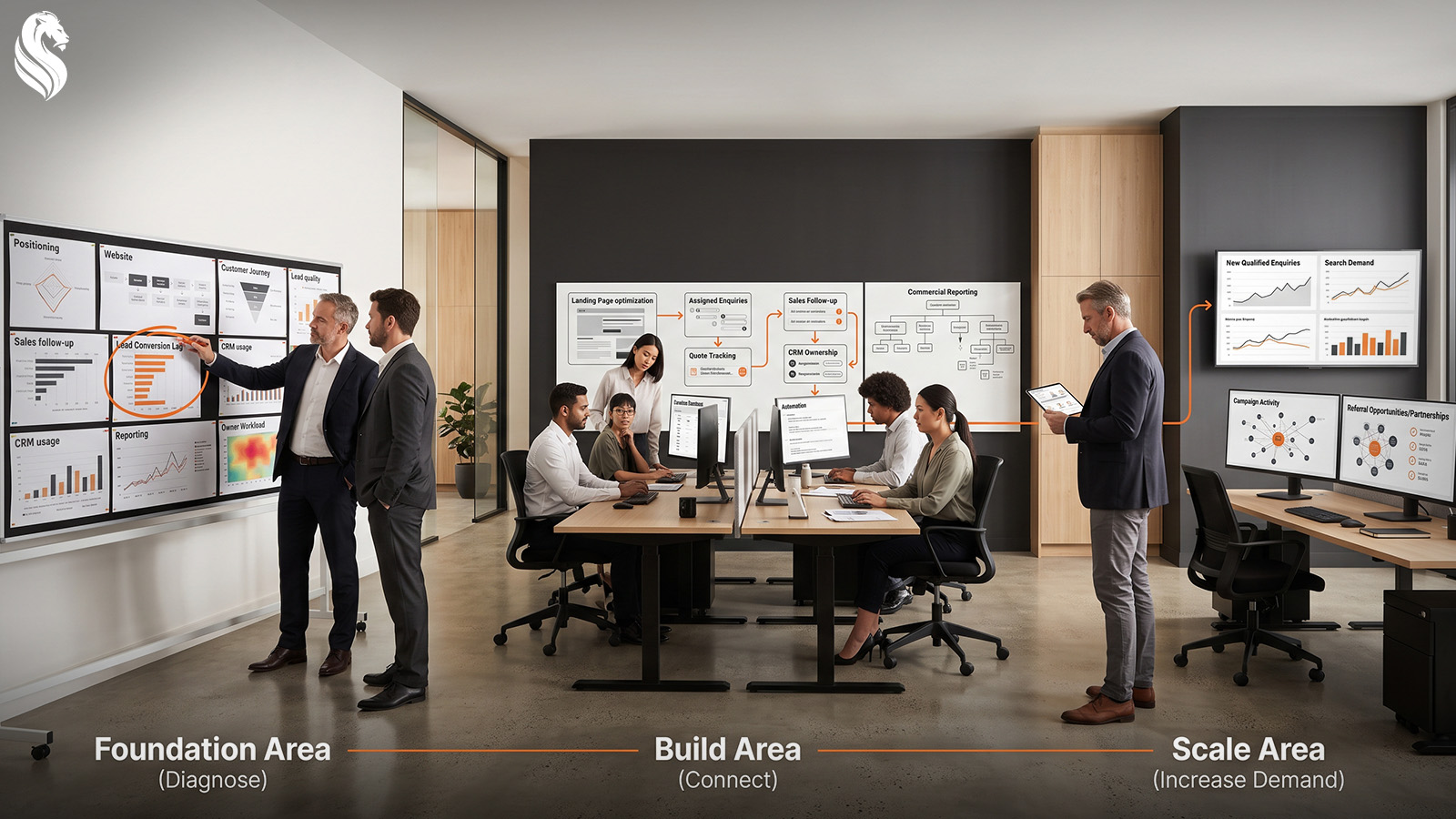 Business team working across Foundation, Build, and Scale stages to connect positioning, sales follow-up, CRM, reporting, and growth activity.
