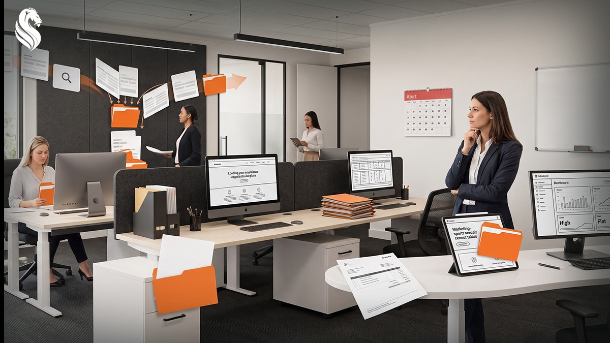 Office scene showing disconnected marketing activity, scattered systems, reporting gaps, and team workload before the underlying growth system is fixed.