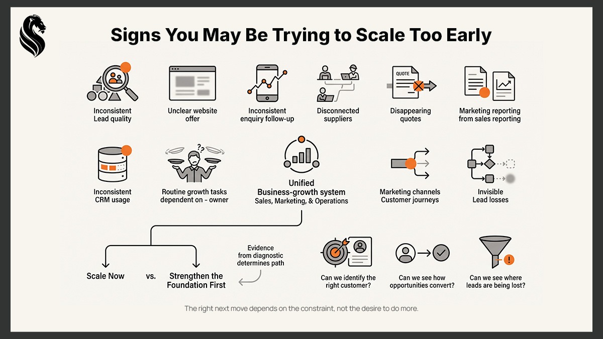 Diagram showing signs a business may be trying to scale too early, including weak lead quality, poor follow-up, disconnected systems, unclear reporting, and owner dependency.