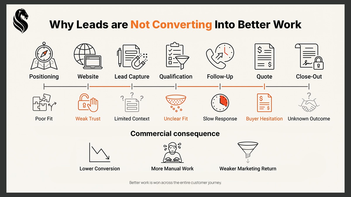 Infographic showing positioning, website trust, qualification, follow-up and quoting problems that prevent leads from becoming better work.