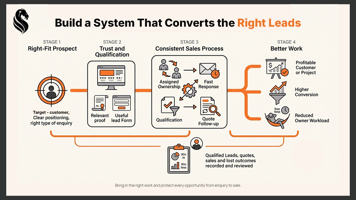 Infographic showing a right-fit prospect moving through website trust, qualification and consistent follow-up to profitable work and higher conversion.