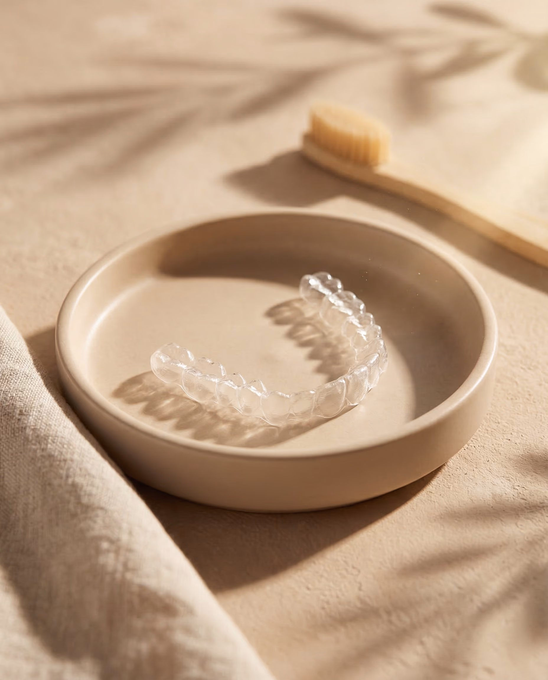 Clear dental aligner resting in a beige dish with a wooden toothbrush nearby on a beige cloth.