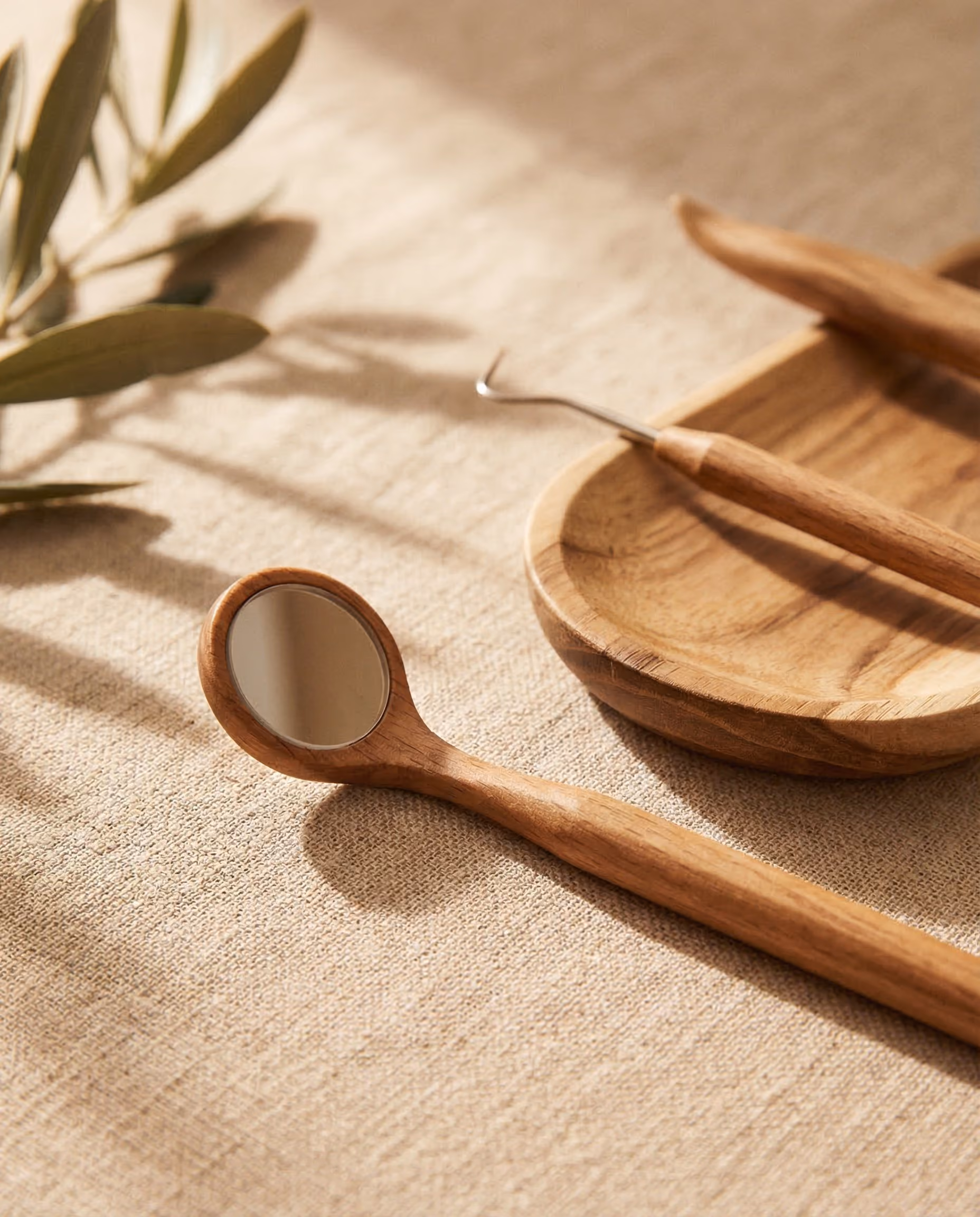 Wooden dental mirror and tool resting on a beige fabric with a small wooden dish nearby.
