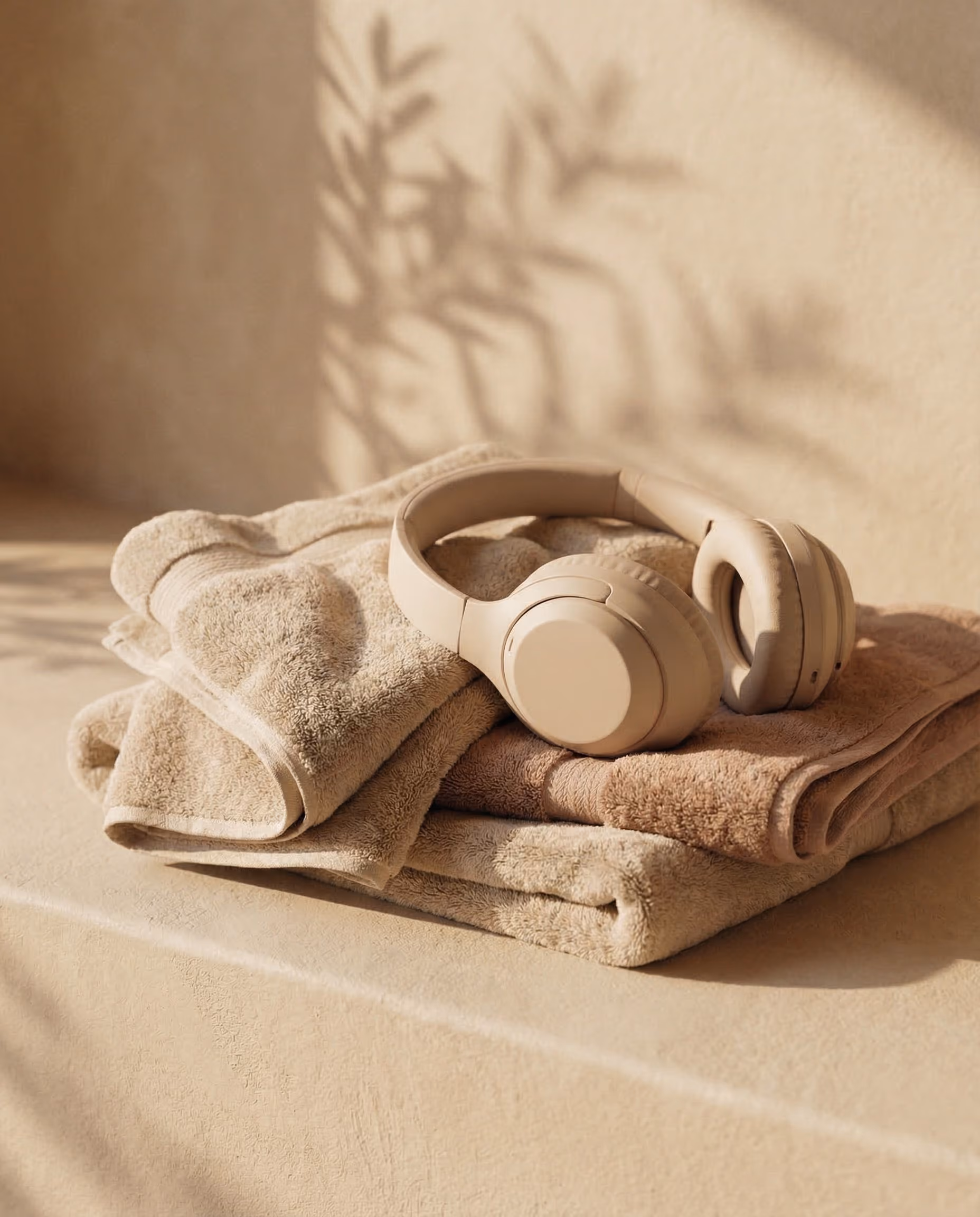 Beige wireless headphones resting on neatly folded beige and light brown towels with leaf shadows.