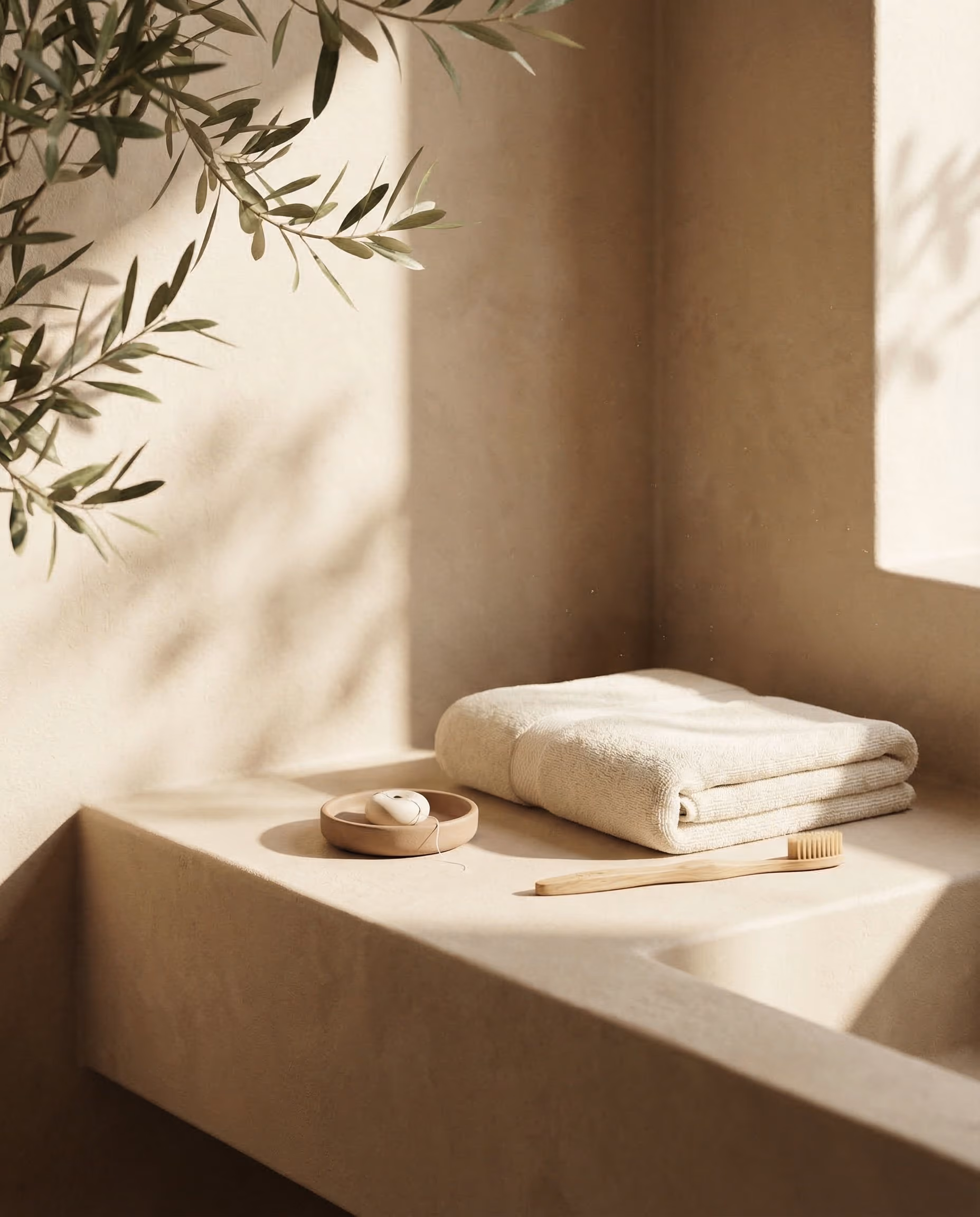 Folded beige towel, bamboo toothbrush, and dental floss on a beige bathroom counter with plant shadows.