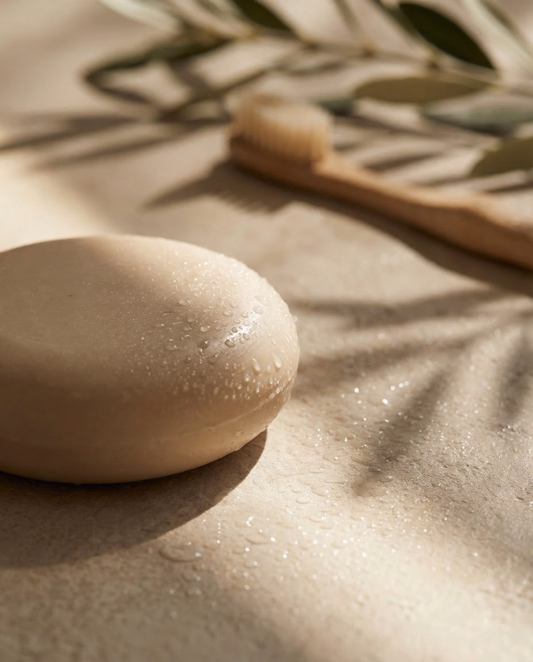 Wet round soap bar on a surface with a blurred bamboo toothbrush and leaf shadows in the background.