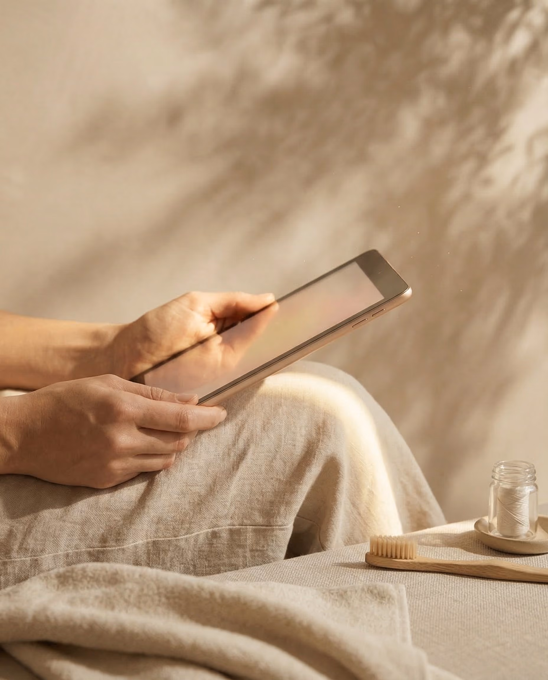 Person holding a tablet over beige pants with a bamboo toothbrush and floss jar nearby.