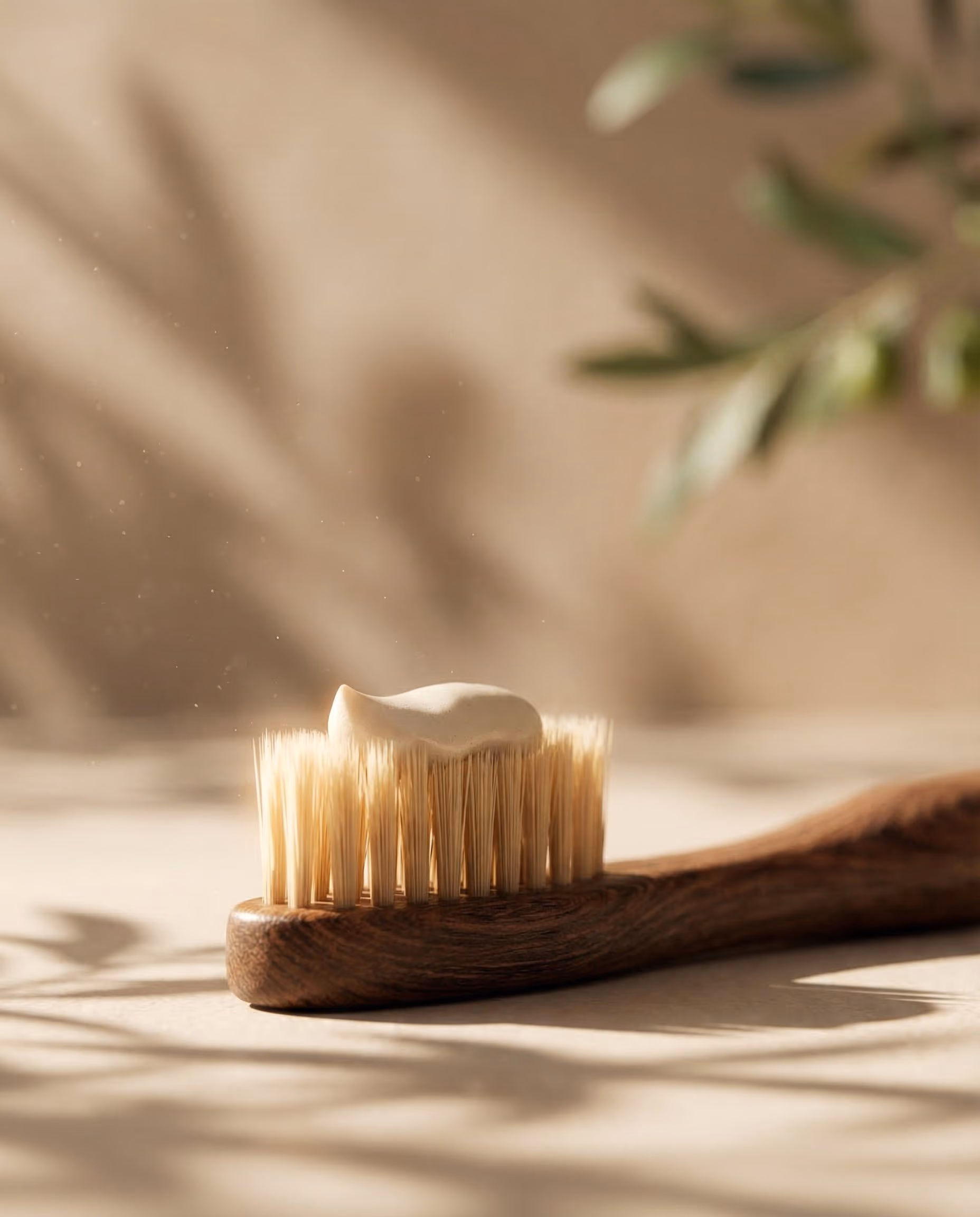 Close-up of wooden toothbrush with beige bristles and toothpaste on top, soft shadows and blurred background.