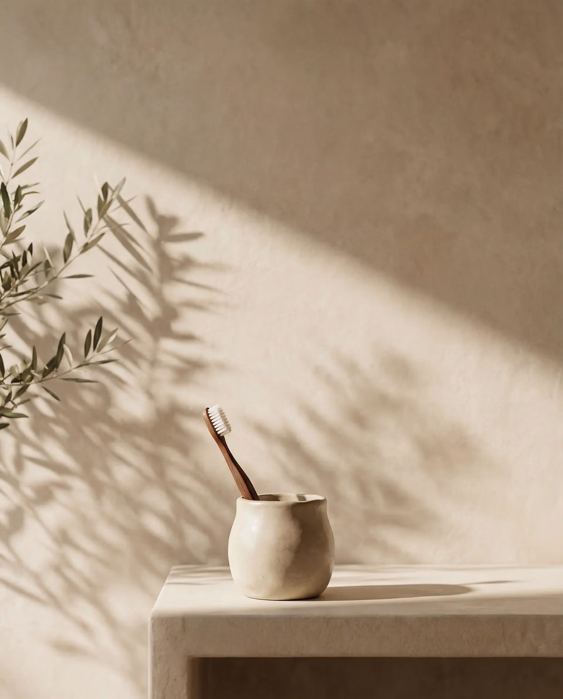 Wooden toothbrush with white bristles in a cream-colored ceramic holder on stone surface with leaf shadows.
