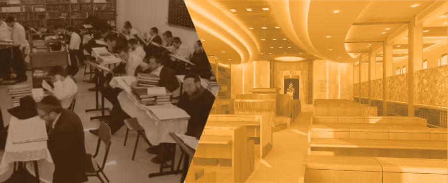 Split image of a busy old library with people reading on left and an empty modern reading room on right.