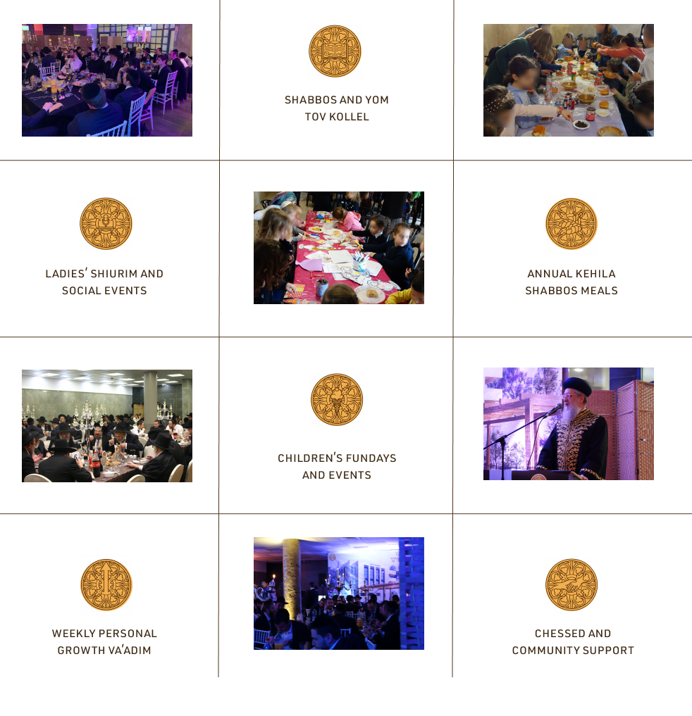 Collage of Jewish community events: meals, study groups, children’s activities, personal growth, and public speaking.