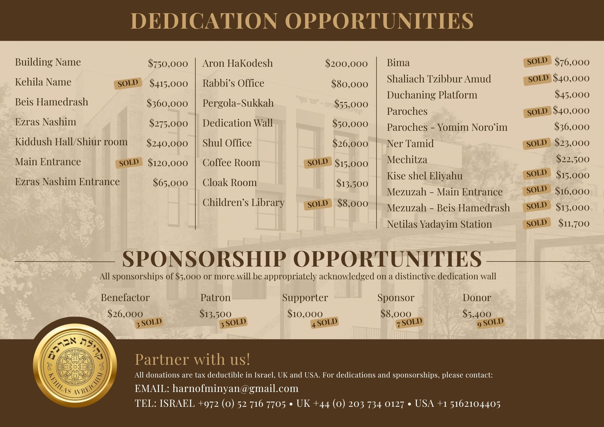 List of dedication and sponsorship opportunities with prices and sold tags, plus contact email and phone numbers.