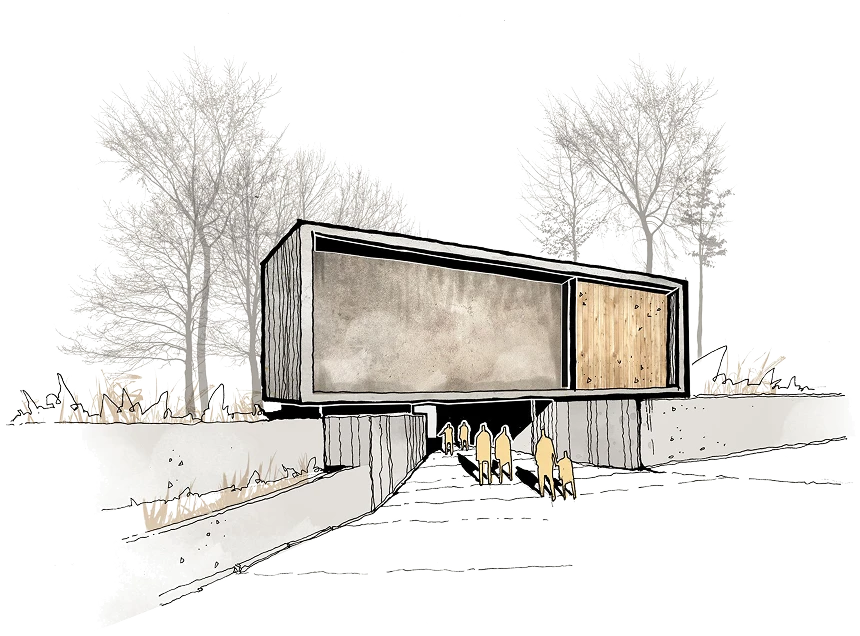 Illustration of a modern concrete and wood building elevated over a walkway with trees in the background.